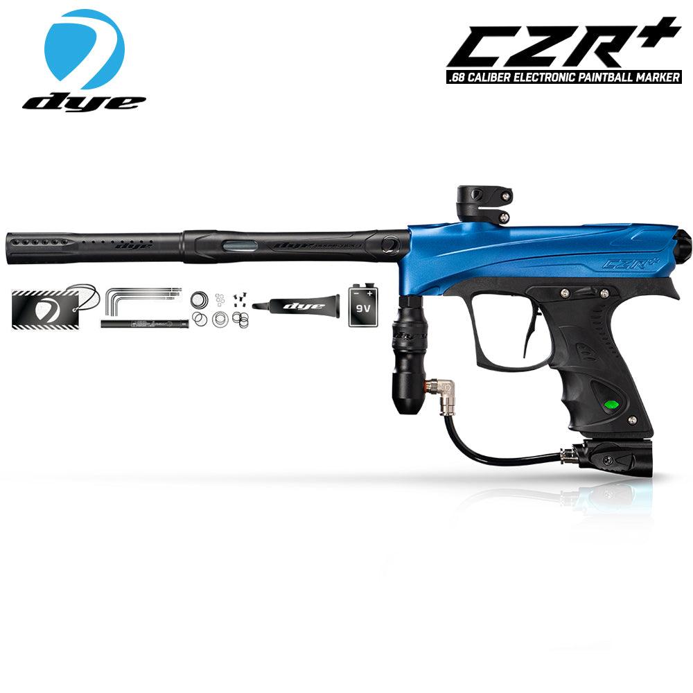 DYE CZR+ Paintball Marker in black and blue with electronic trigger and accessories