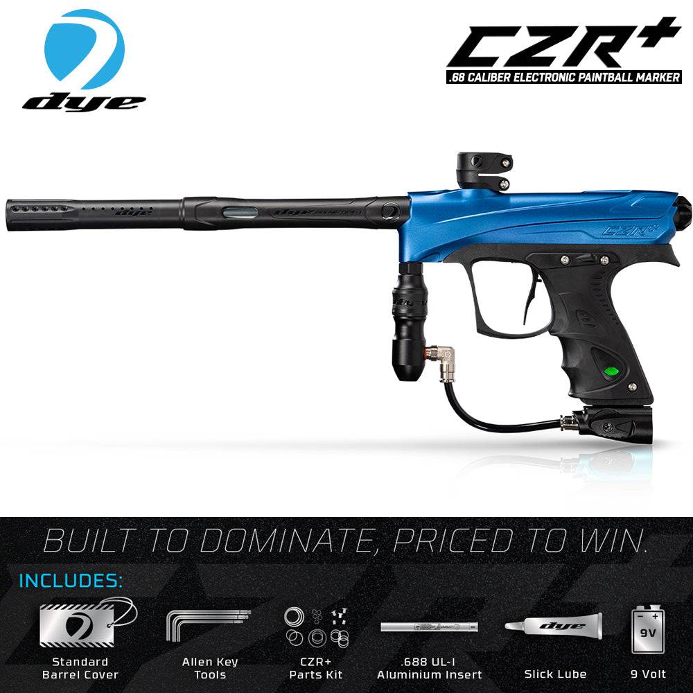 DYE CZR+ electronic paintball gun marker with full auto, blue and black design, and advanced features for tournament-ready performance
