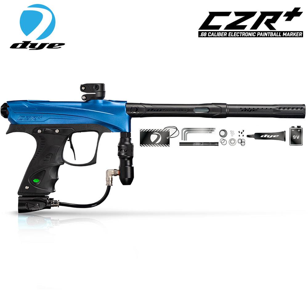 DYE CZR+ blue and black electronic paintball marker with barrel, parts kit, and 9V battery, tournament-ready design