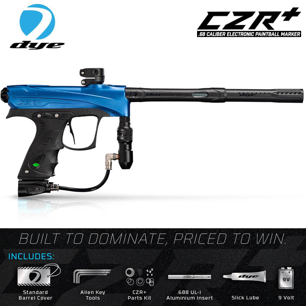 DYE CZR+ Paintball Gun in blue with electronic trigger and Boomstick-I composite barrel, tournament-ready marker designed for precision and performance.