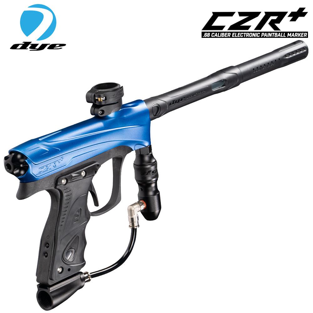 DYE CZR+ electronic paintball gun marker in blue with black grip, full auto and tournament ready design