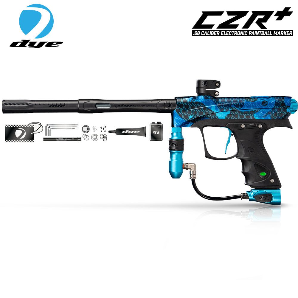 DYE CZR+ electronic paintball gun marker with full auto, composite barrel, adjustable trigger, and included maintenance kit
