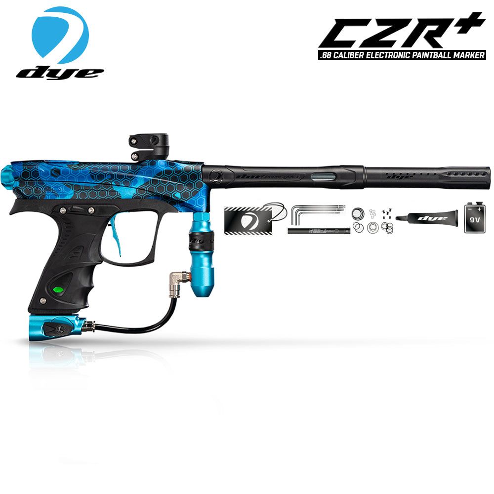 DYE CZR+ paintball marker in cyan dust with electronic trigger and accessories displayed
