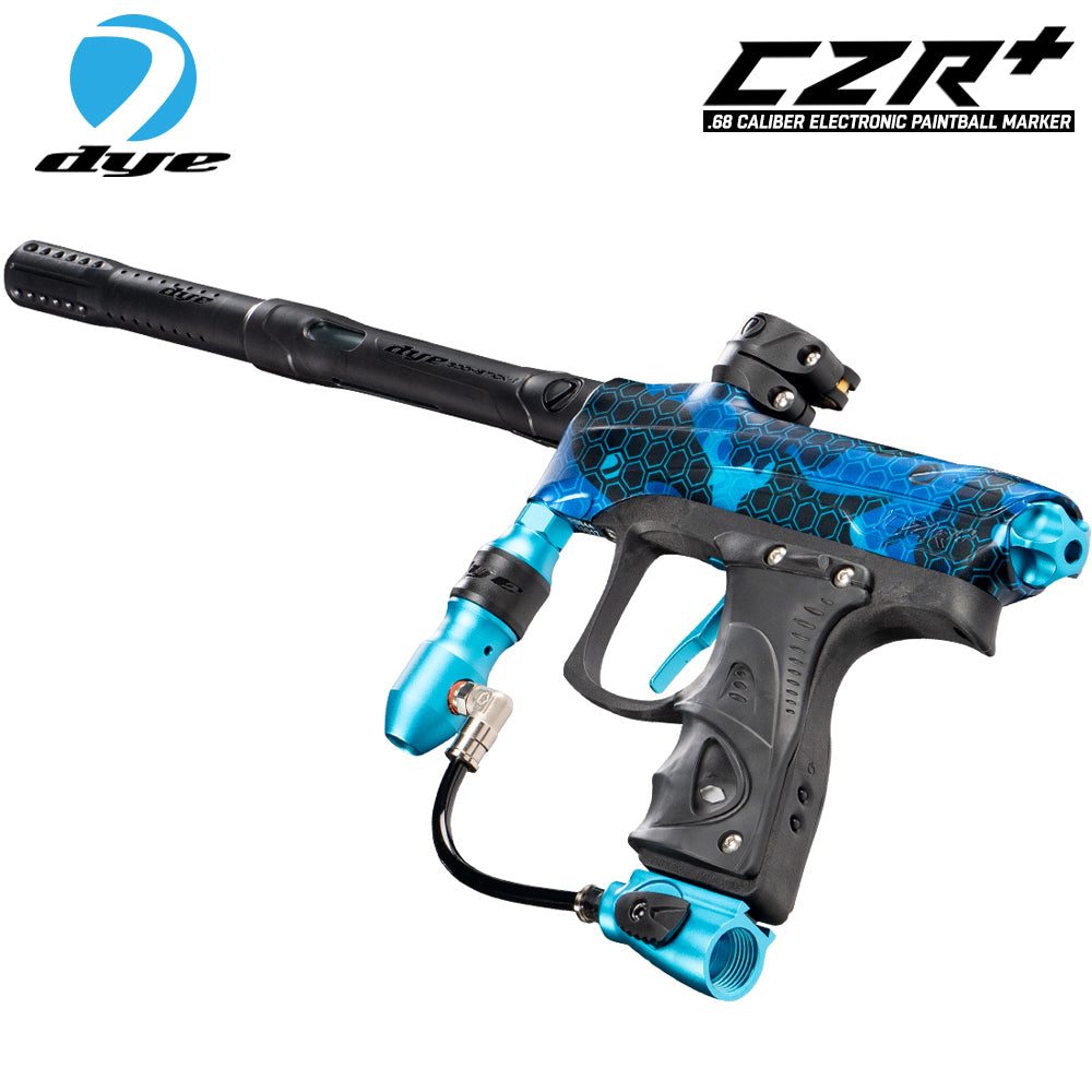DYE CZR+ electronic paintball marker in cyan with full auto, composite barrel, and ergonomic design for tournament play