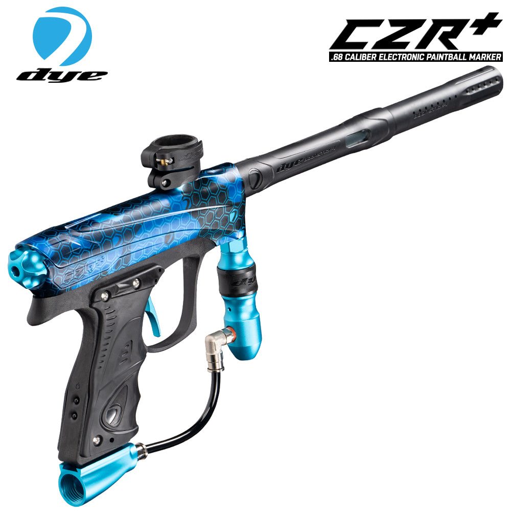 DYE CZR+ electronic paintball gun marker in blue and black with Boomstick-I composite barrel and ergonomic grip