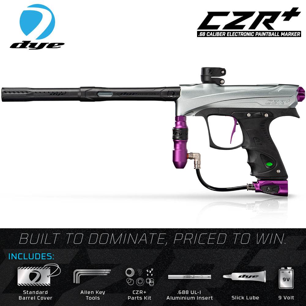 DYE CZR+ electronic paintball gun marker with full auto, black and silver design, purple accents, and included accessories for tournament play.
