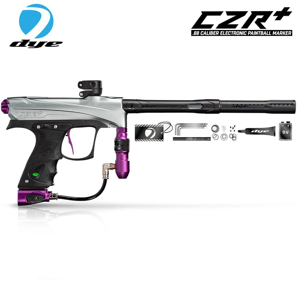 DYE CZR+ Electronic Paintball Gun Marker in grey and purple with full auto feature and included accessories