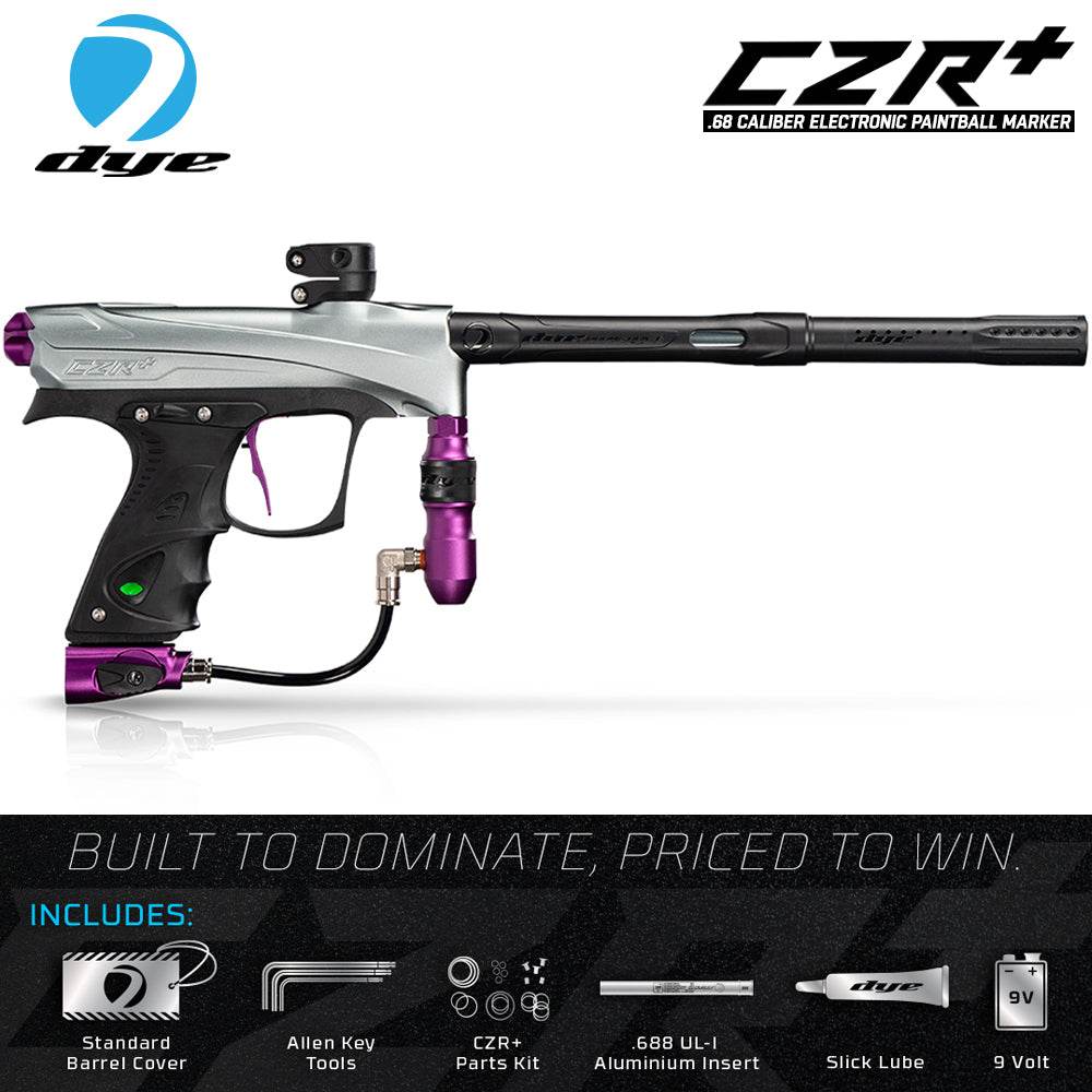 DYE CZR+ .68 Cal electronic paintball gun marker with composite barrel and purple accents, full auto, elite starter package.