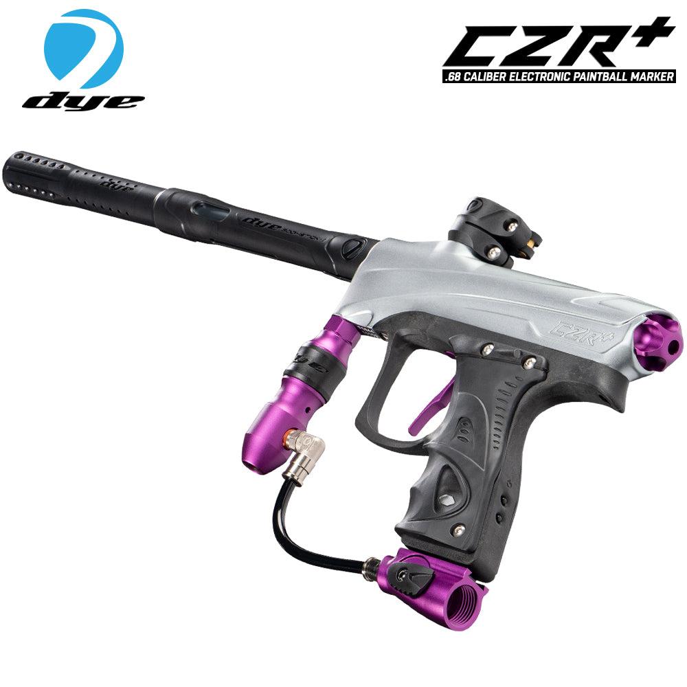 DYE CZR+ electronic paintball gun marker in silver and purple with composite barrel and ergonomic grip