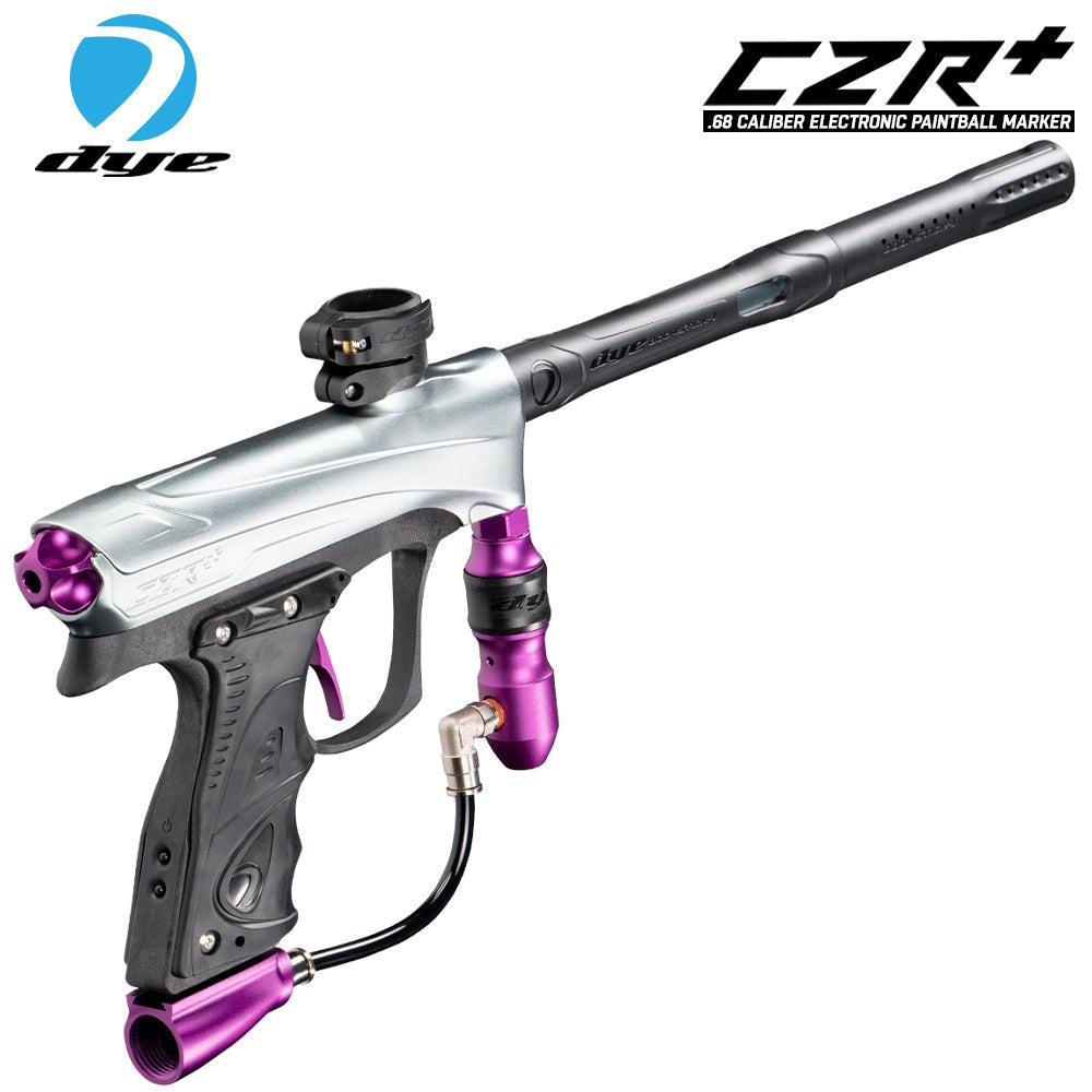 DYE CZR+ electronic paintball gun marker with full auto, silver and purple design, .68 caliber, lightweight composite barrel, and ergonomic grip.
