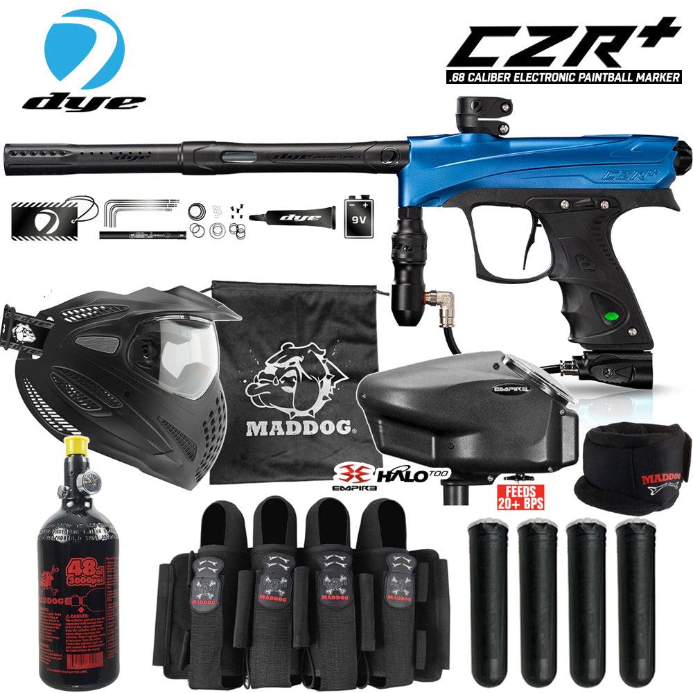 DYE CZR+ .68 Cal electronic paintball gun with full starter package including thermal anti-fog mask, HPA tank, loader, neck protector, harness, and pods.