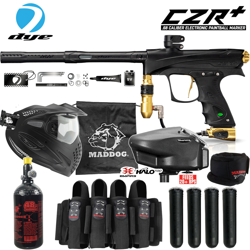 DYE CZR+ .68 Cal electronic paintball gun package with thermal mask, HPA tank, loader, neck protector, harness, and pods