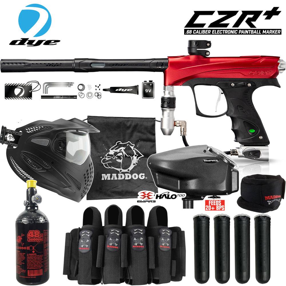 DYE CZR+ .68 Cal electronic paintball marker with Maddog full auto starter package including thermal anti-fog mask, HPA tank, Empire Halo loader, neck protector, harness, and pods.