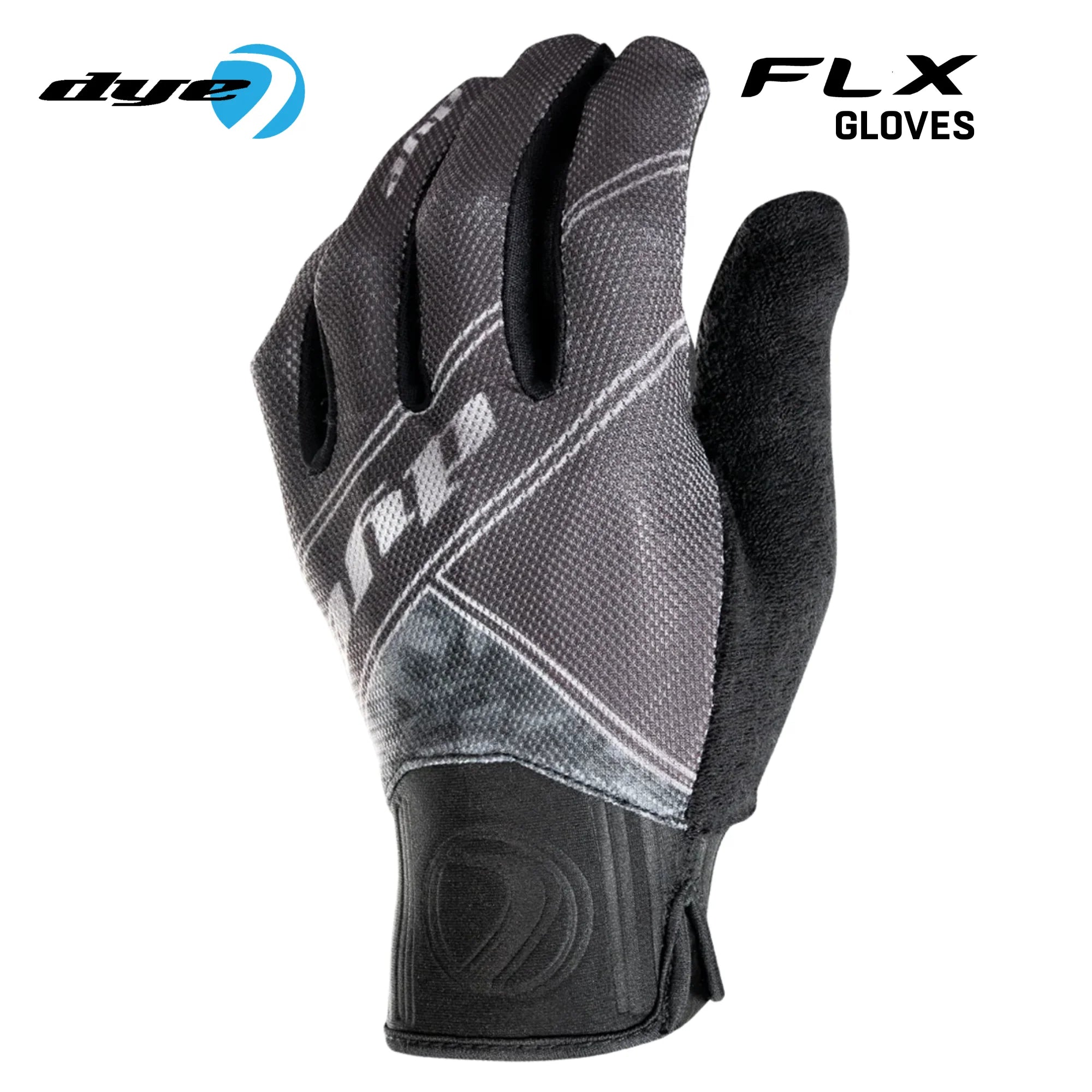 DYE FLX Forged paintball gloves in black and grey detail view