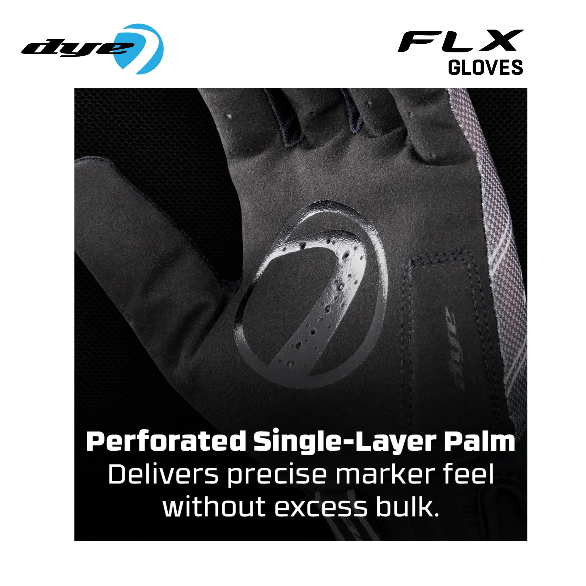 DYE FLX Forged paintball gloves in black and grey detail view