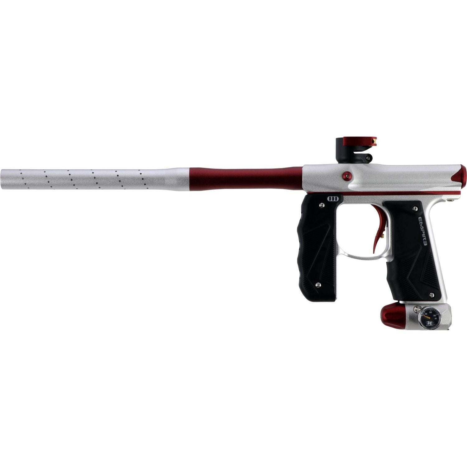 Empire Mini GS full-auto electronic paintball gun marker in dust silver and red with wrap-around foregrip and 14-inch autococker barrel system