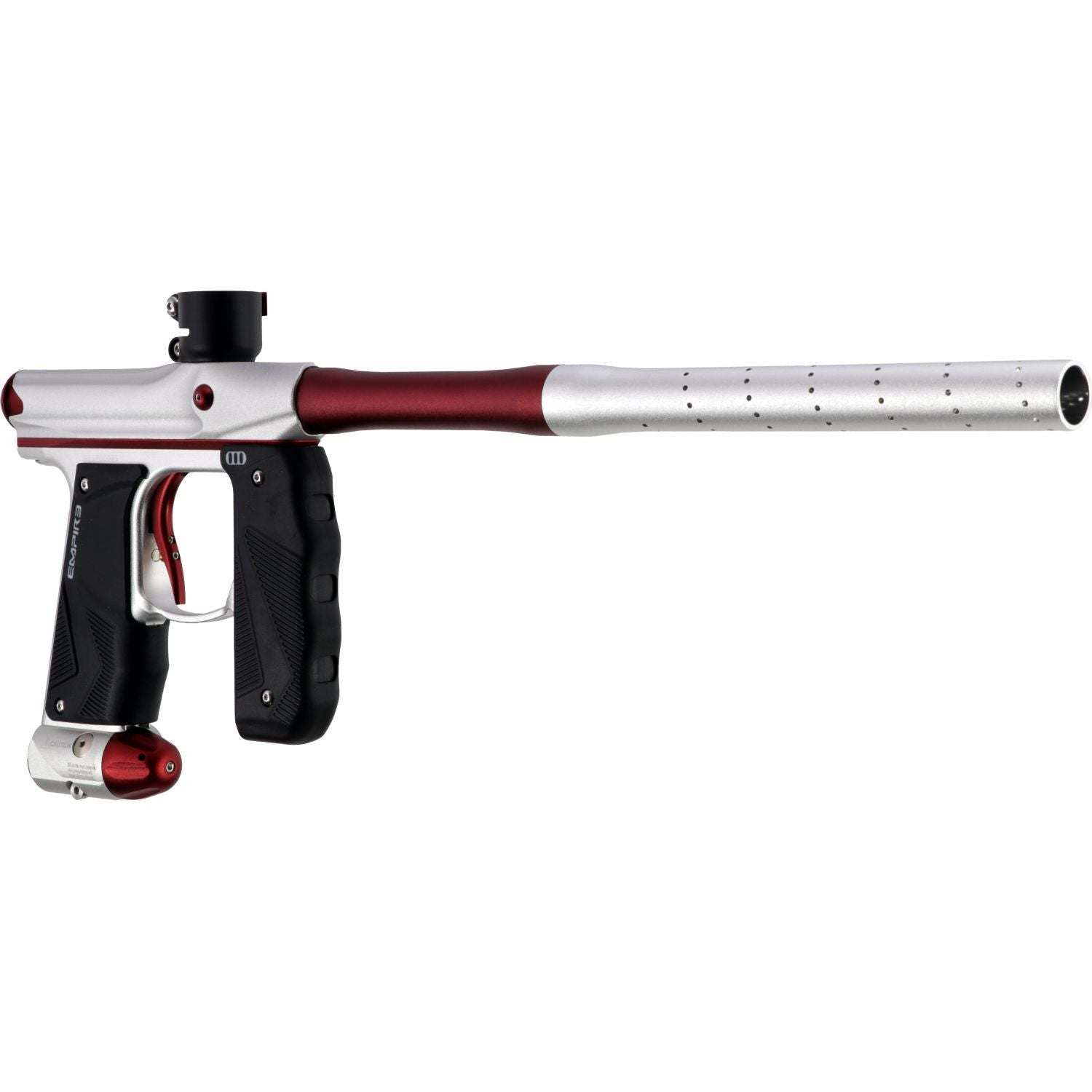 Empire Mini GS electronic full-auto paintball gun marker with dust silver and red finish, wrap-around rubber foregrip, and 14-inch autococker barrel system.