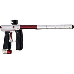 Empire Mini GS electronic full-auto paintball gun marker with dust silver and red finish, wrap-around rubber foregrip, and 14-inch autococker barrel system.