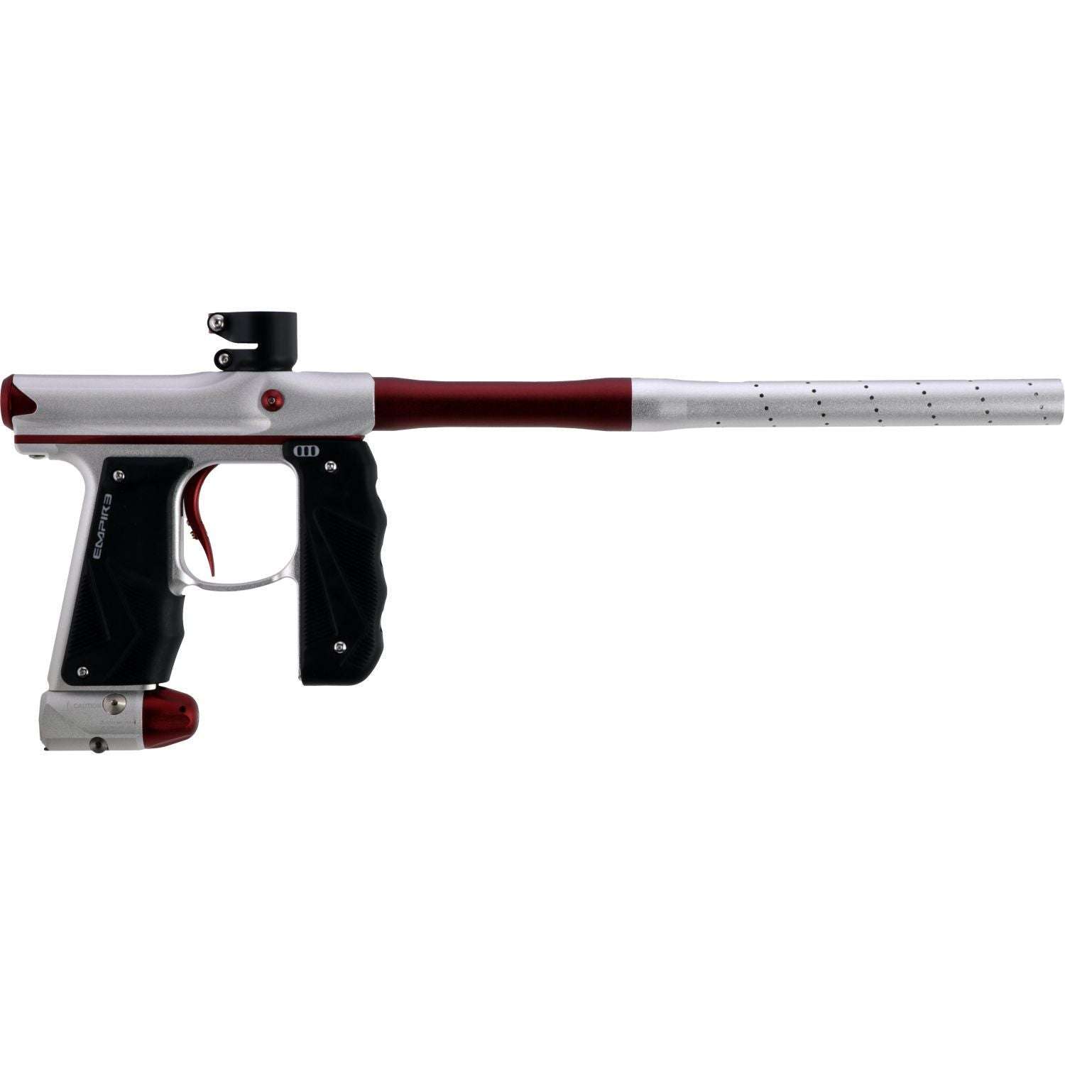 Empire Mini GS electronic full-auto paintball gun marker in dust silver and red with 14-inch barrel and wrap-around foregrip