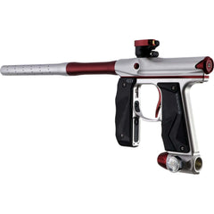 Empire Mini GS full-auto electronic paintball gun marker in dust silver and red with rubber foregrip and 14-inch barrel system