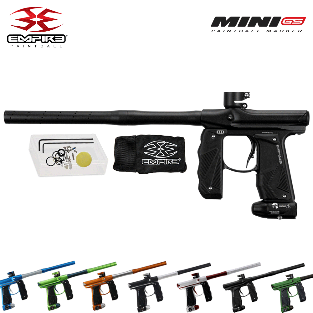 Empire Mini GS full-auto electronic paintball gun marker with 14-inch barrel and accessories