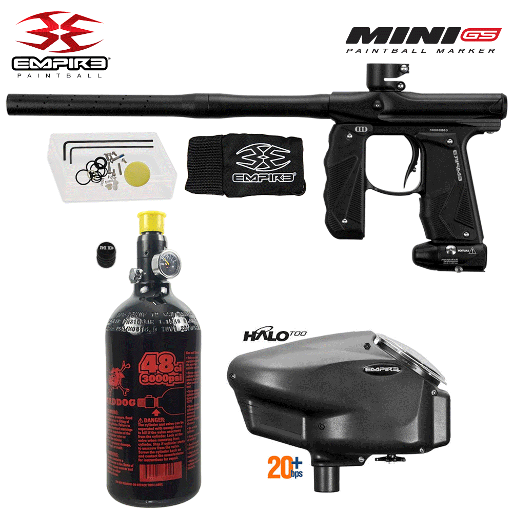 Empire Mini GS electronic .68 caliber full auto paintball gun package with 48/3000 HPA compressed air tank and Empire Halo Too electronic loader