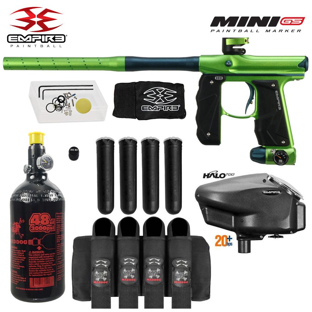 Empire Mini GS paintball gun package with green marker, HPA tank, black loader, 4-pod harness, and pods