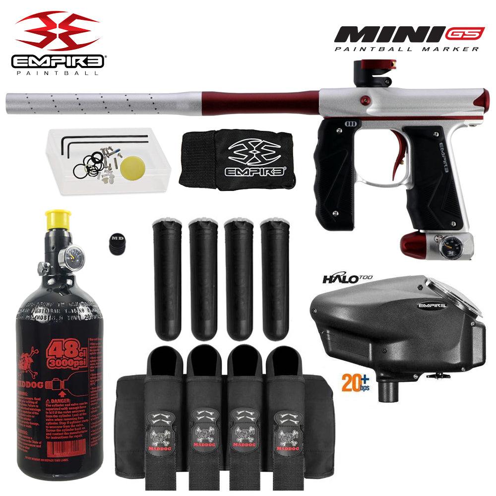 Empire Mini GS full auto paintball gun package with 48/3000 HPA tank, Empire Halo Too loader, 4-pod harness and pods