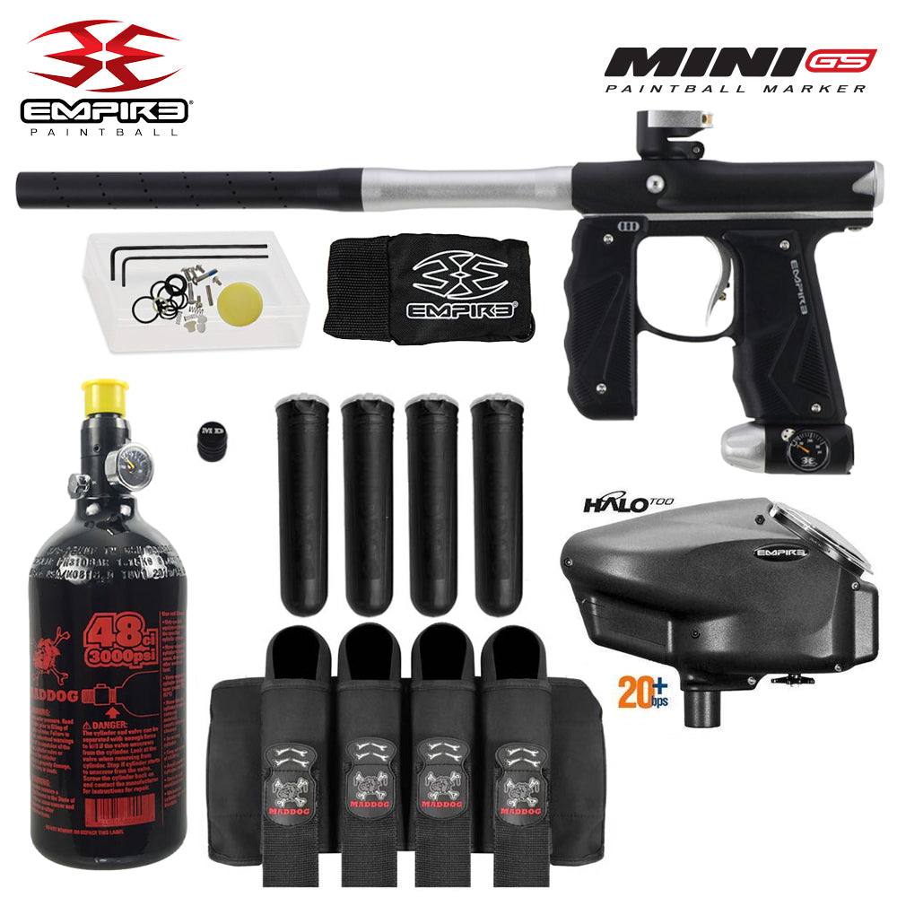 Empire Mini GS full auto .68 caliber paintball marker package with 48/3000 psi HPA tank, Empire Halo Too loader, 4-pod harness, and four paintball pods.