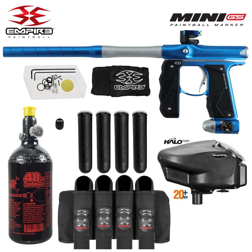 Empire Mini GS full auto paintball gun package with 48/3000 HPA tank, Empire Halo Too loader, 4-pod harness, and four pods