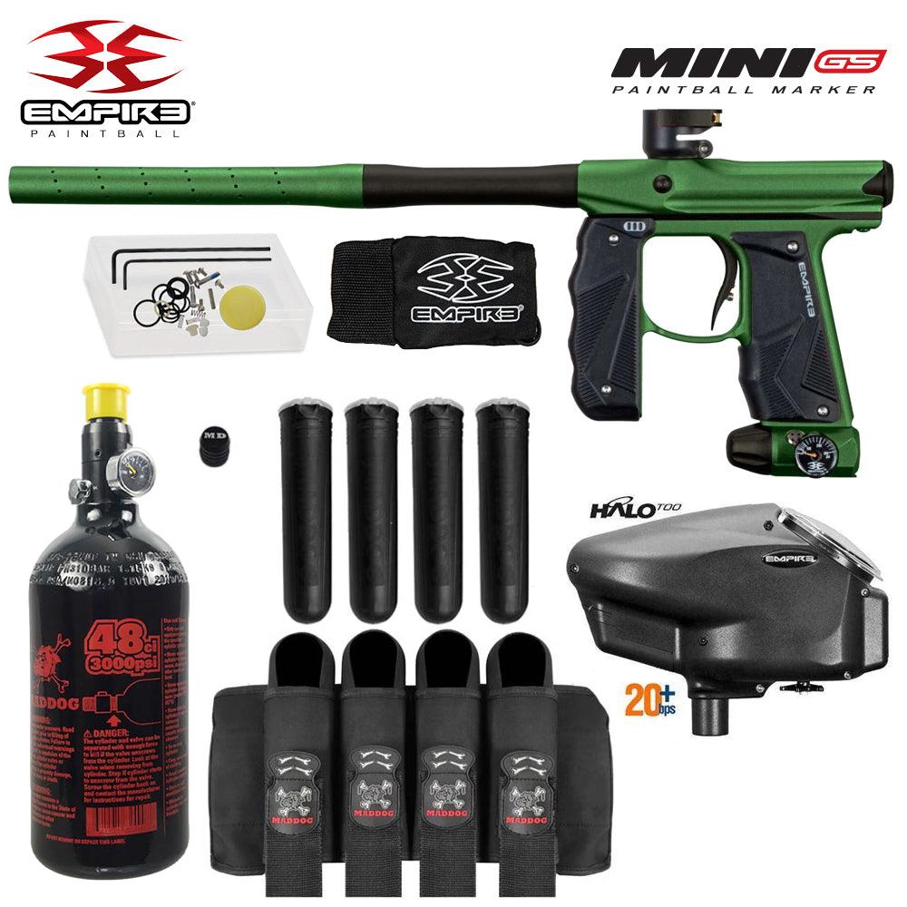 Empire Mini GS full auto paintball gun package with 48/3000 HPA tank, Empire Halo Too loader, 4-pod harness, and four pods in green and black colors