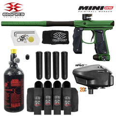 Empire Mini GS full auto paintball gun package with 48/3000 HPA tank, Empire Halo Too loader, 4-pod harness, and four pods in green and black colors