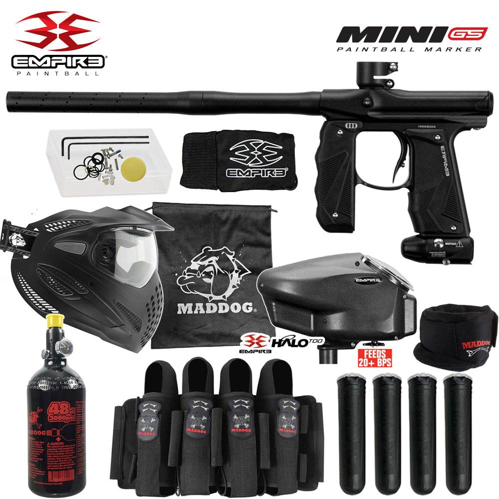 Full auto electronic paintball gun package with Empire Mini GS marker, thermal anti-fog mask, HPA tank, loader, neck protector, harness, and pods