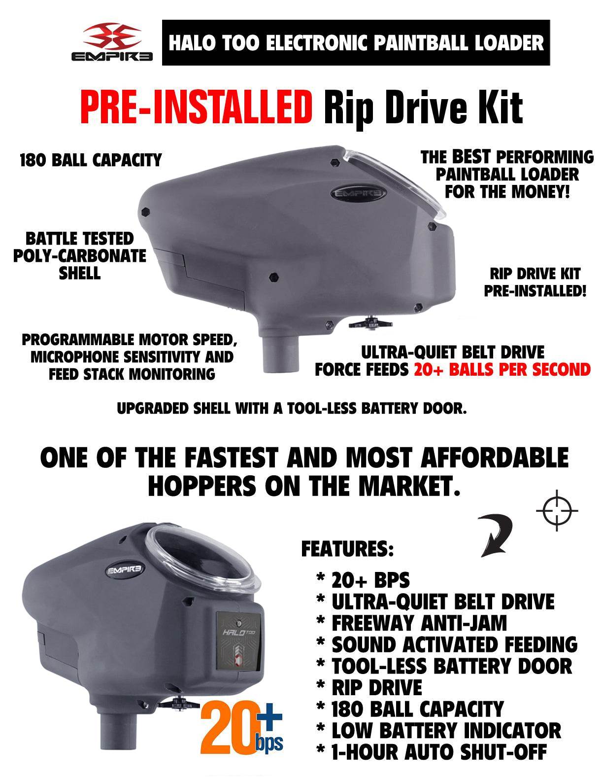 Limited Edition Empire Halo Too electronic paintball loader in matte black with 20+ BPS, ultra-quiet belt drive, Freeway Anti-Jam, 180-ball capacity, and included HK Army Epic Speed Feed.