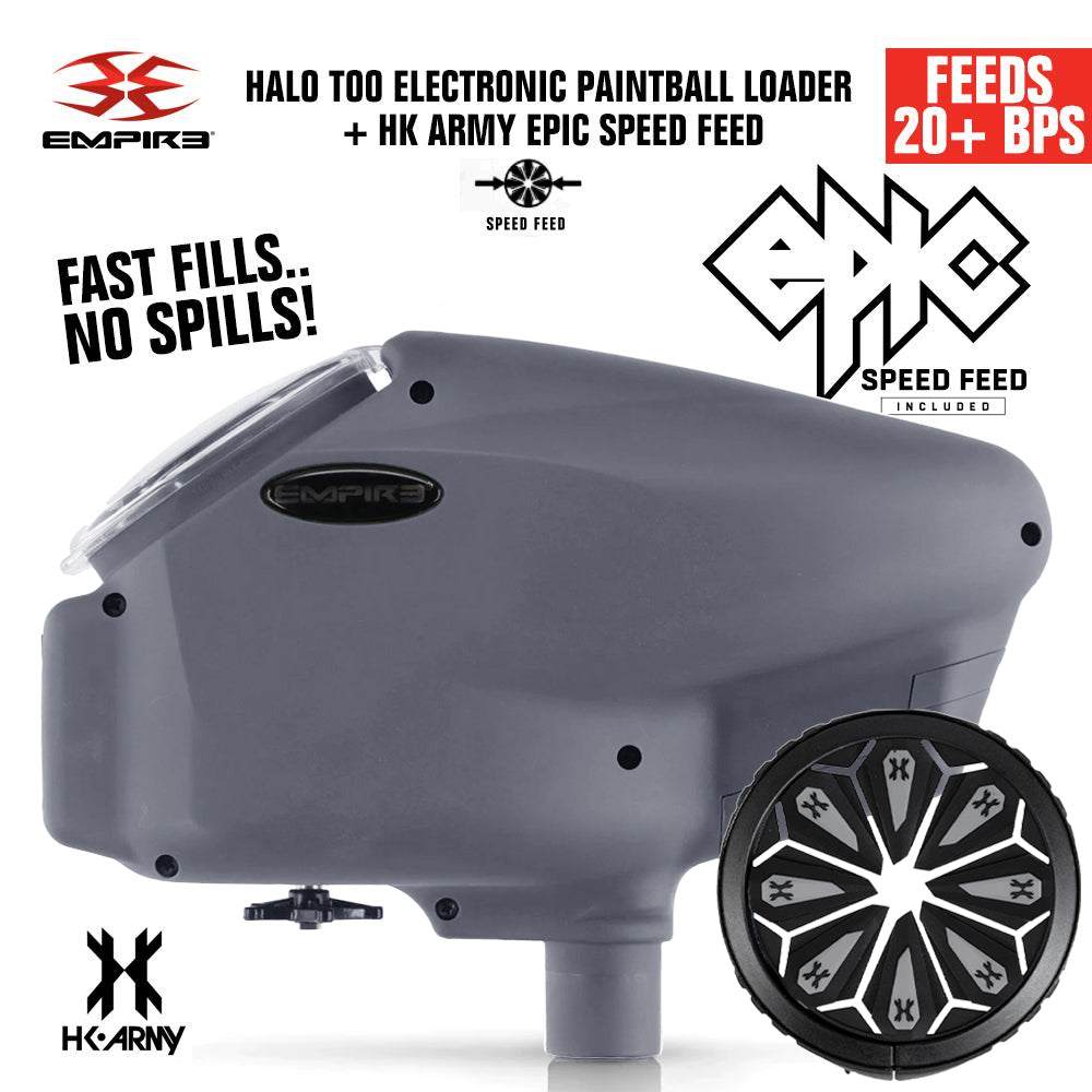 Limited Edition Empire Halo Too electronic paintball loader in matte black with HK Army Epic Speed Feed, feeding 20+ balls per second and anti-jam technology.