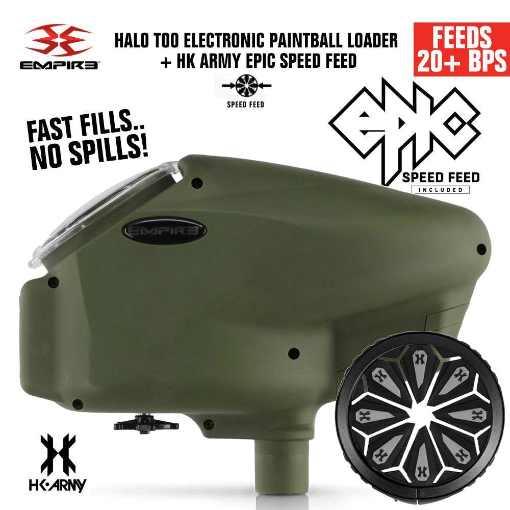 Limited Edition Empire Halo Too electronic paintball loader hopper in matte green with HK Army Epic Speed Feed, feeding 20+ BPS and anti-jam features