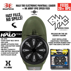 Limited Edition Empire Halo Too electronic paintball loader in matte black with HK Army Epic Speed Feed, featuring 20+ BPS feeding rate, anti-jam technology, and 180 ball capacity.