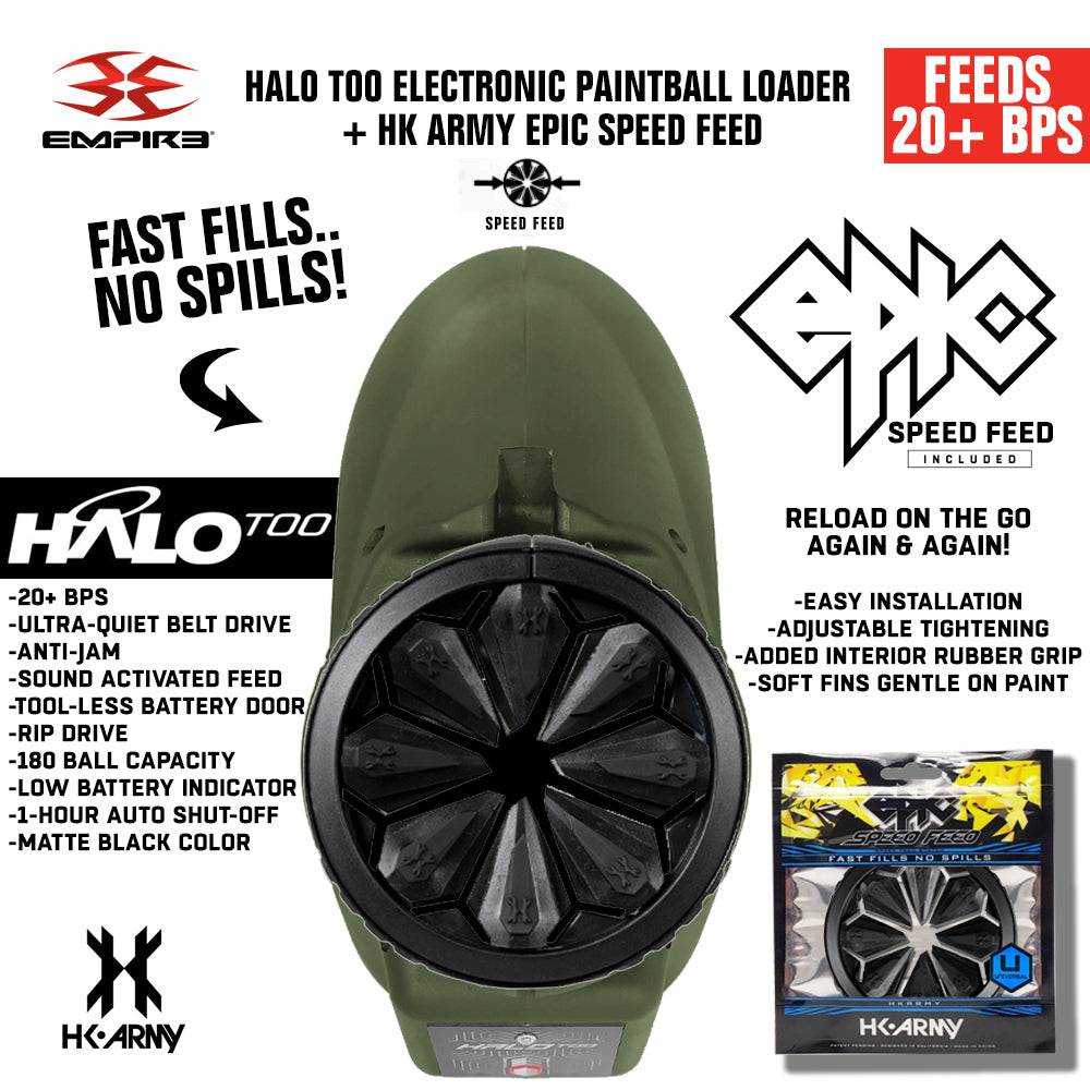 Limited Edition Empire Halo Too electronic paintball loader hopper in matte black with HK Army Epic Speed Feed, 20+ BPS feeding, anti-jam, and 180 ball capacity