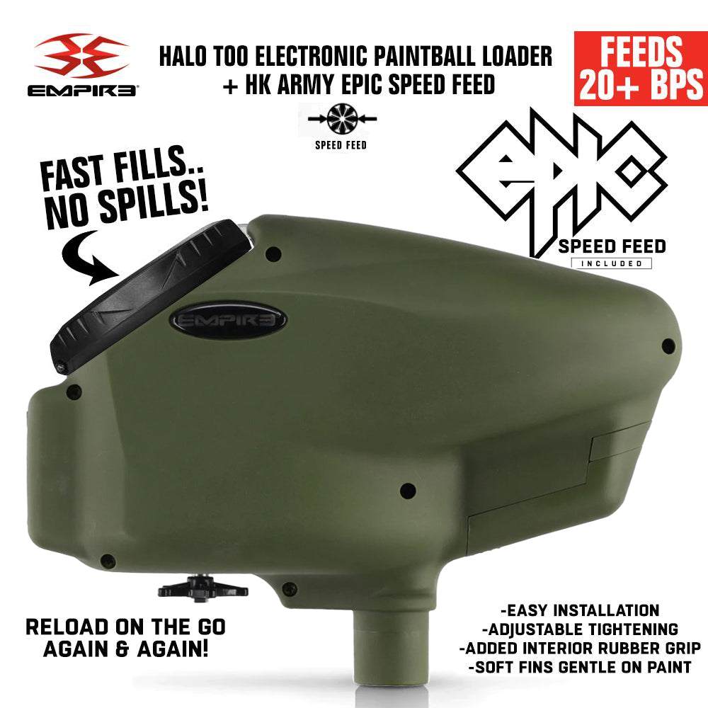 Limited Edition Empire Halo Too electronic paintball loader in matte green with HK Army Epic Speed Feed, 20+ balls per second feeding, anti-jam system, and large 180-ball capacity.