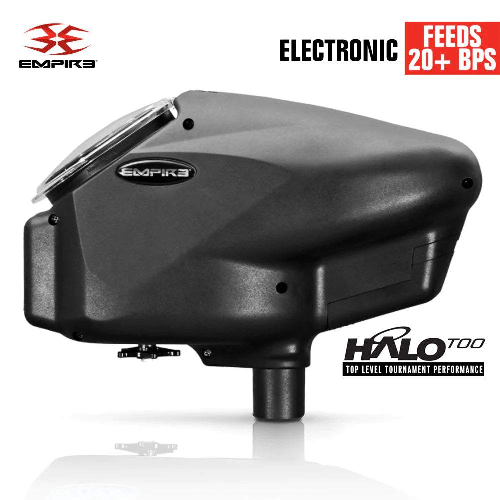 Limited Edition Empire Halo Too electronic paintball loader hopper in matte black with 20+ balls per second feed rate and HK Army Epic Speed Feed compatibility