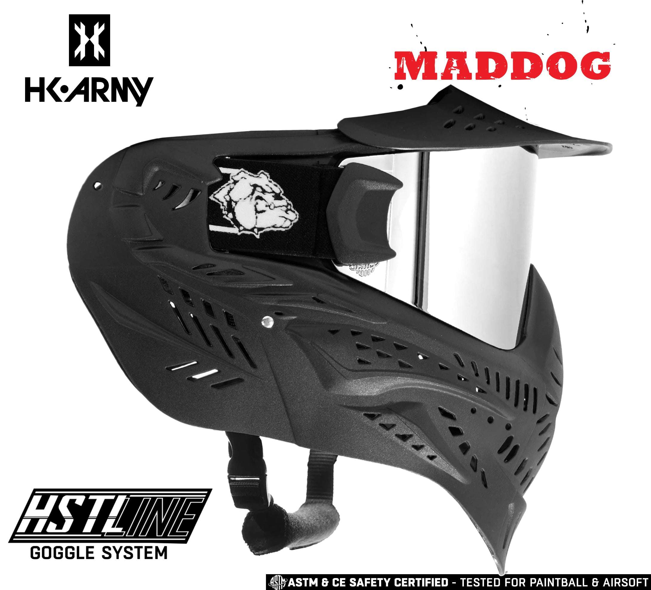 Maddog HK Army HSTL Goggle paintball airsoft mask with anti-fog thermal chrome lens and full-face protection.