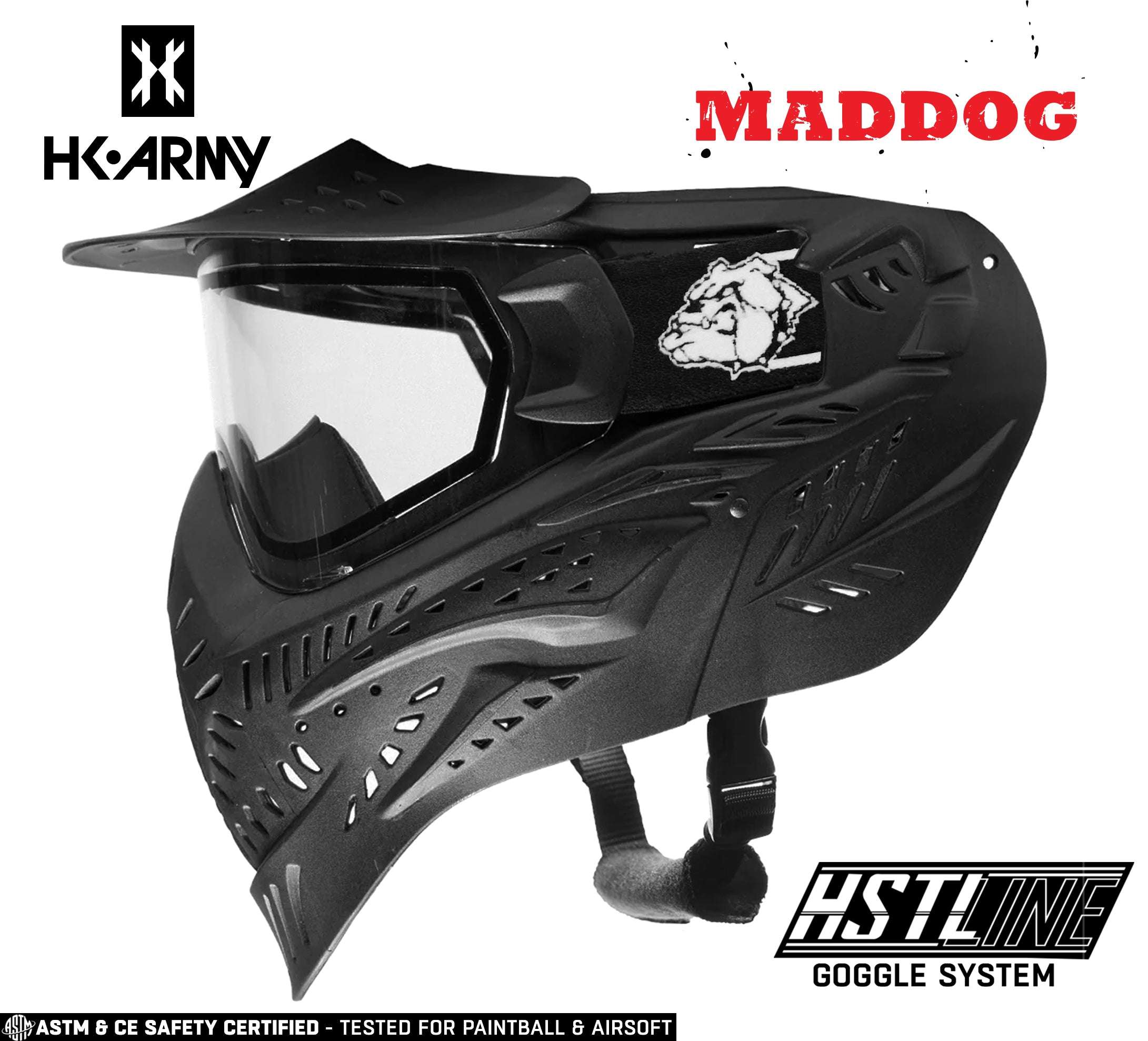 Maddog HK Army HSTL Goggle full-face paintball and airsoft mask with anti-fog thermal lens and adjustable strap in black.