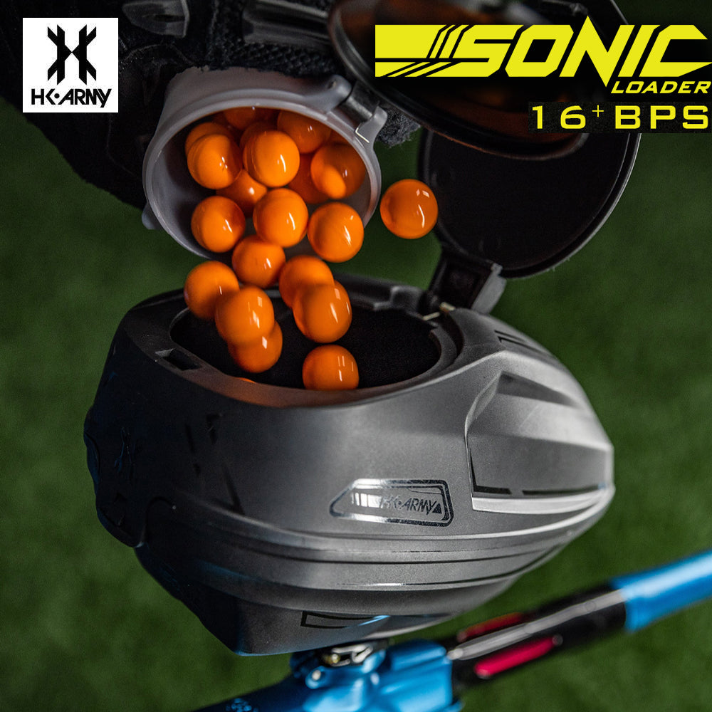 HK Army Sonic Electronic Loader – 16+ BPS Motorized Hopper std config, hopper loader, fast feeding, for tournament, rear angle