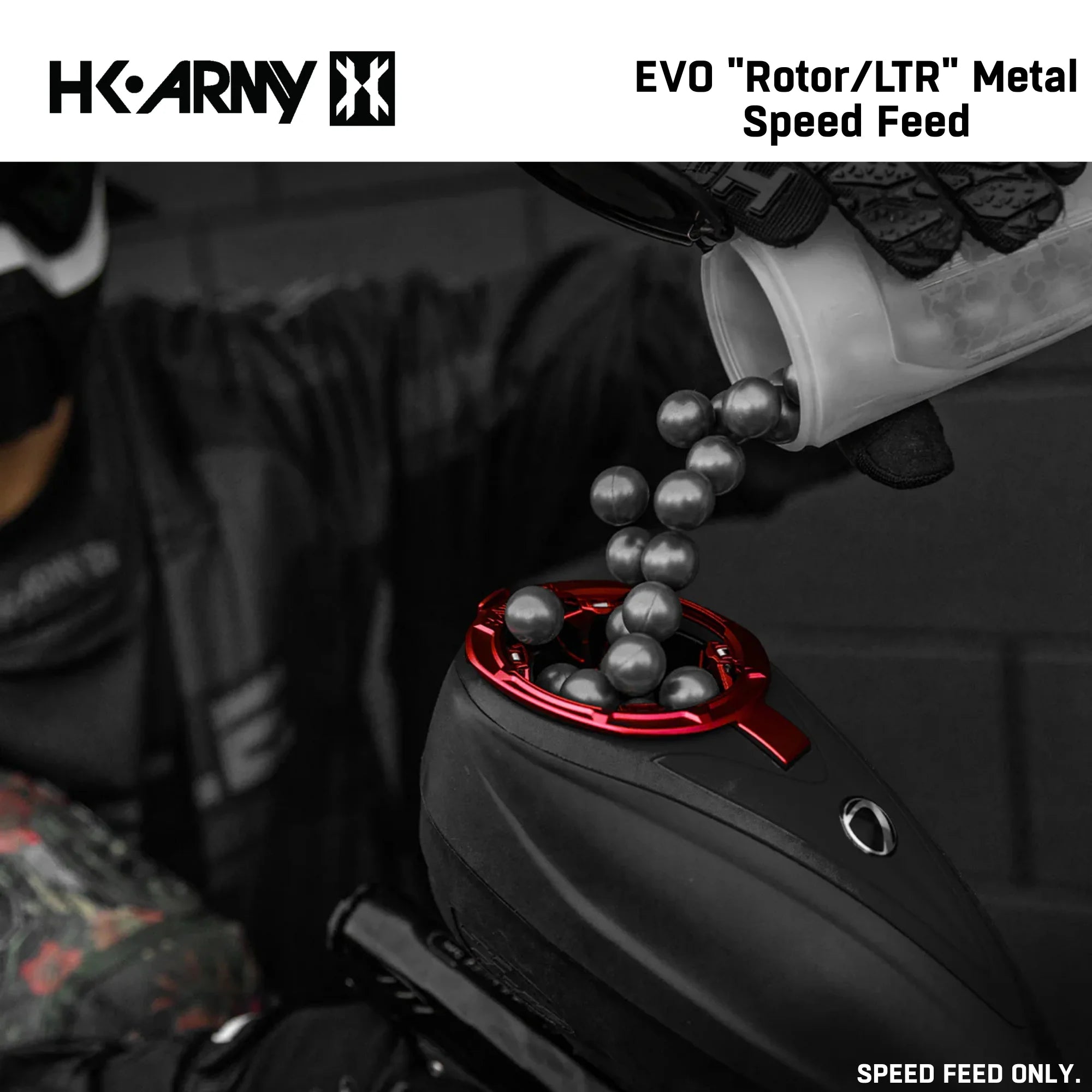 HK Army EVO 'Rotor/LTR' Metal Speed Feed with paintballs being loaded
