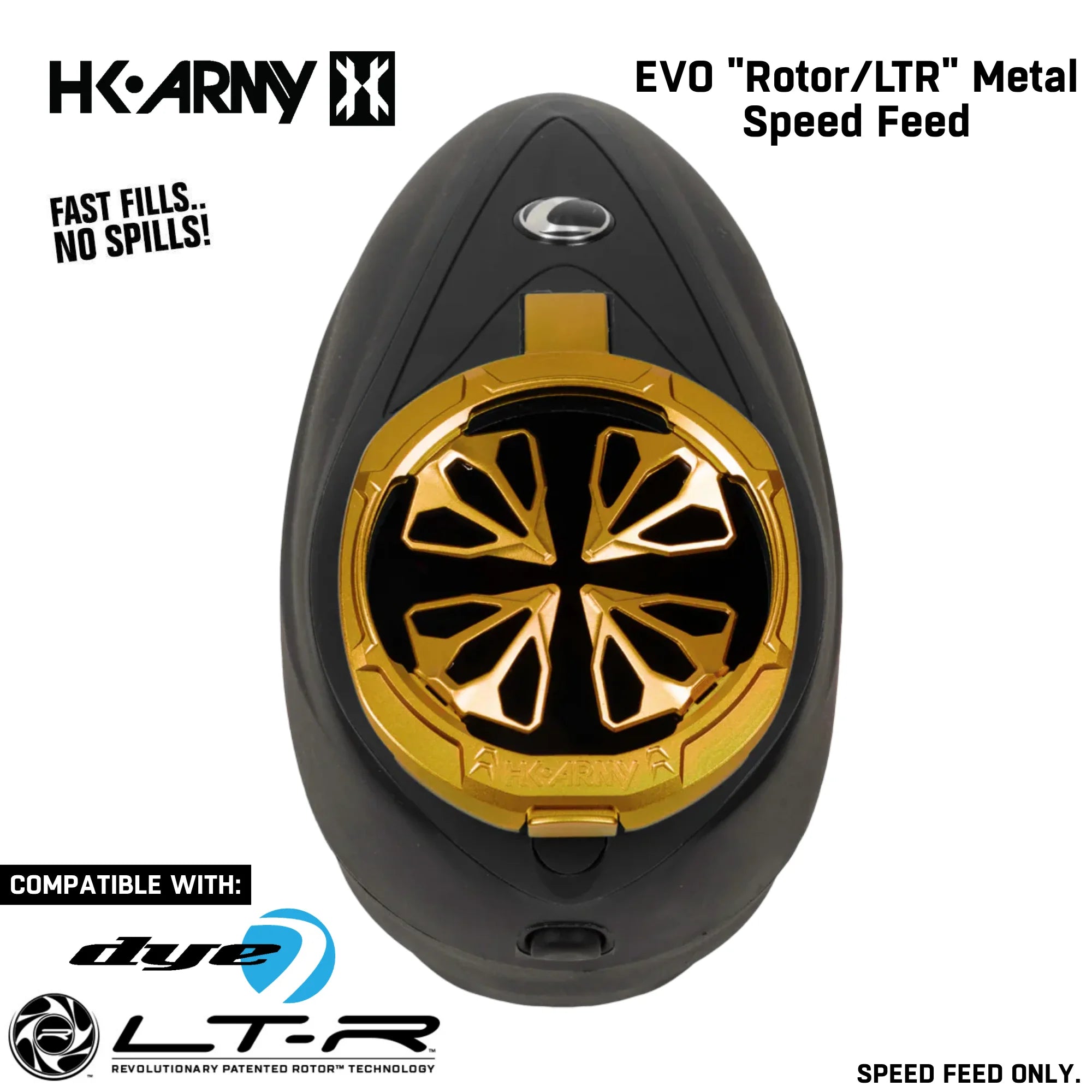 Metal speed feed with black and gold design, featuring HK Army branding and compatibility with Dye LTR.