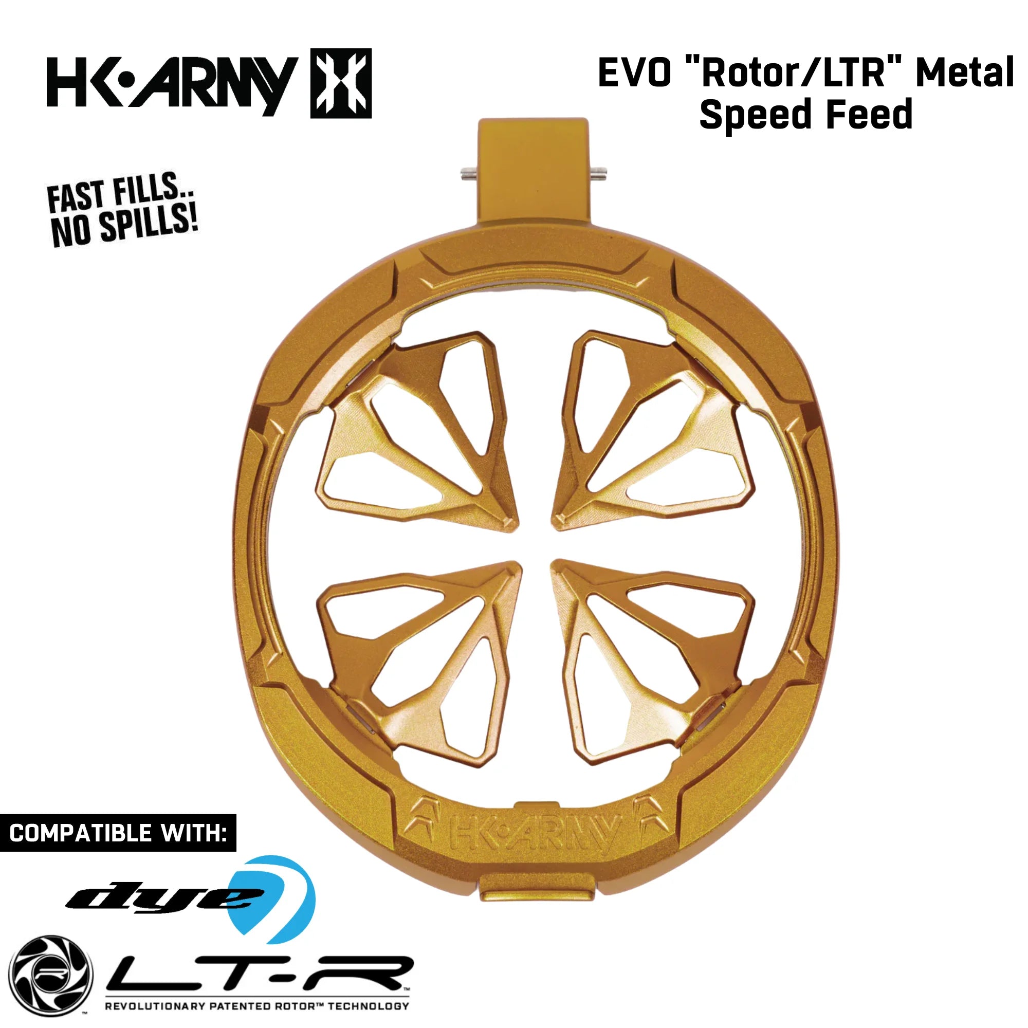 Gold metal speed feed with HK Army branding on a white background