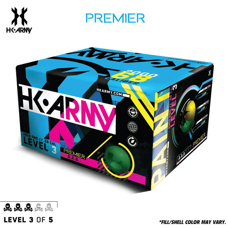HK Army Premier Level 3 .68 caliber paintballs full case with varied shell and fill colors designed for accurate flight and eco-friendly performance
