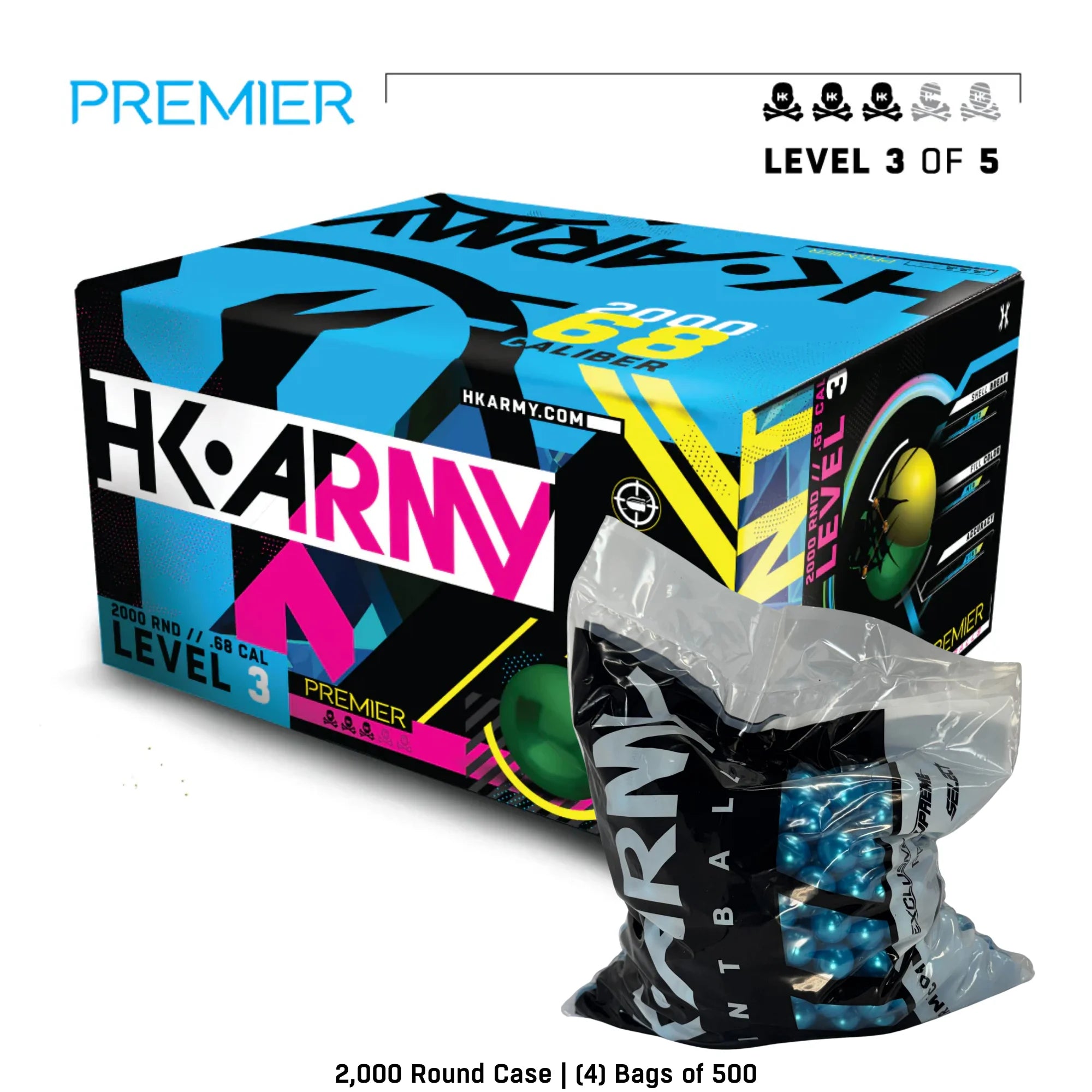 HK Army Premier Level 3.5 paintballs blue shell blue fill 2000-round case detail view