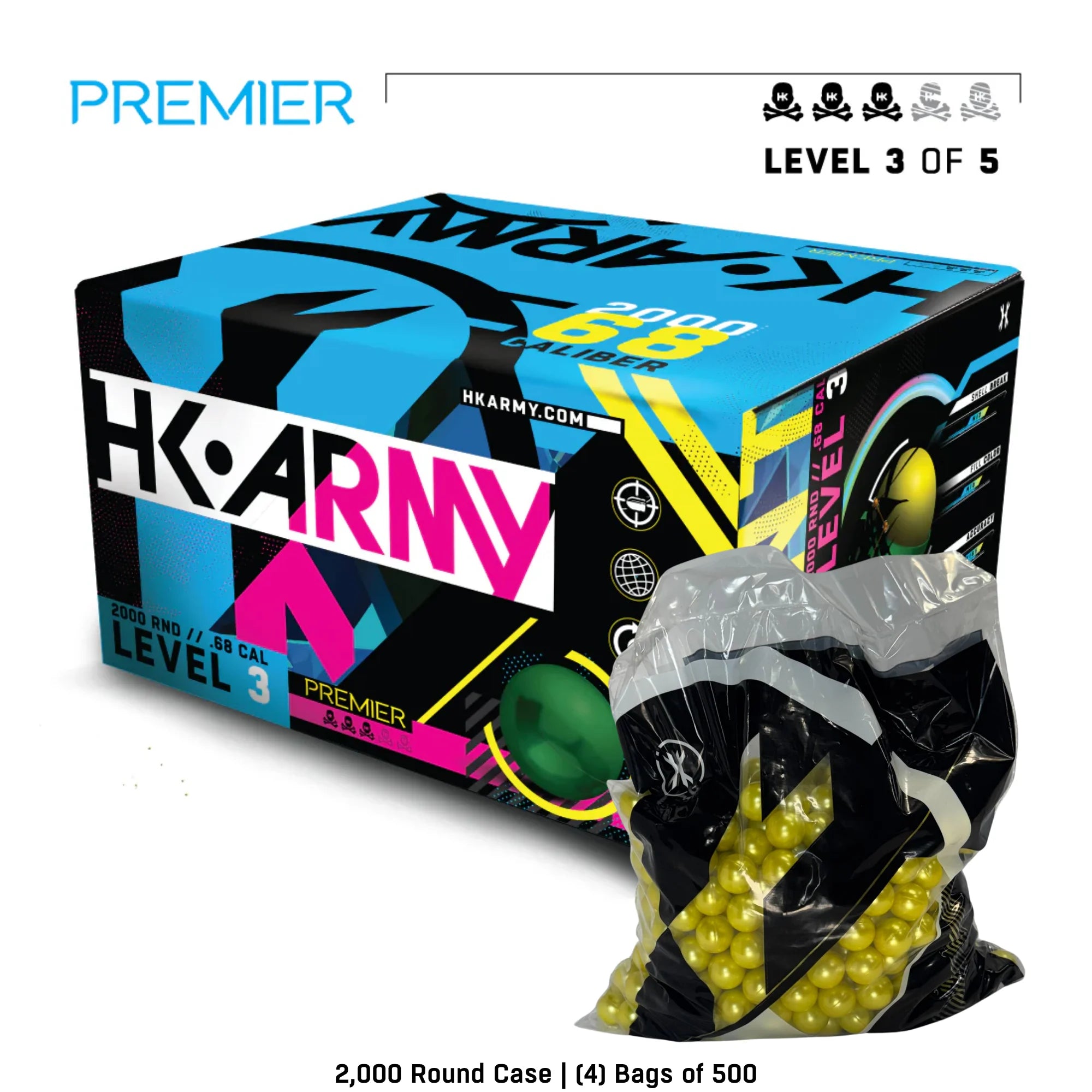 HK Army Premier Level 3.5 paintballs yellow shell 2000-round case detail view