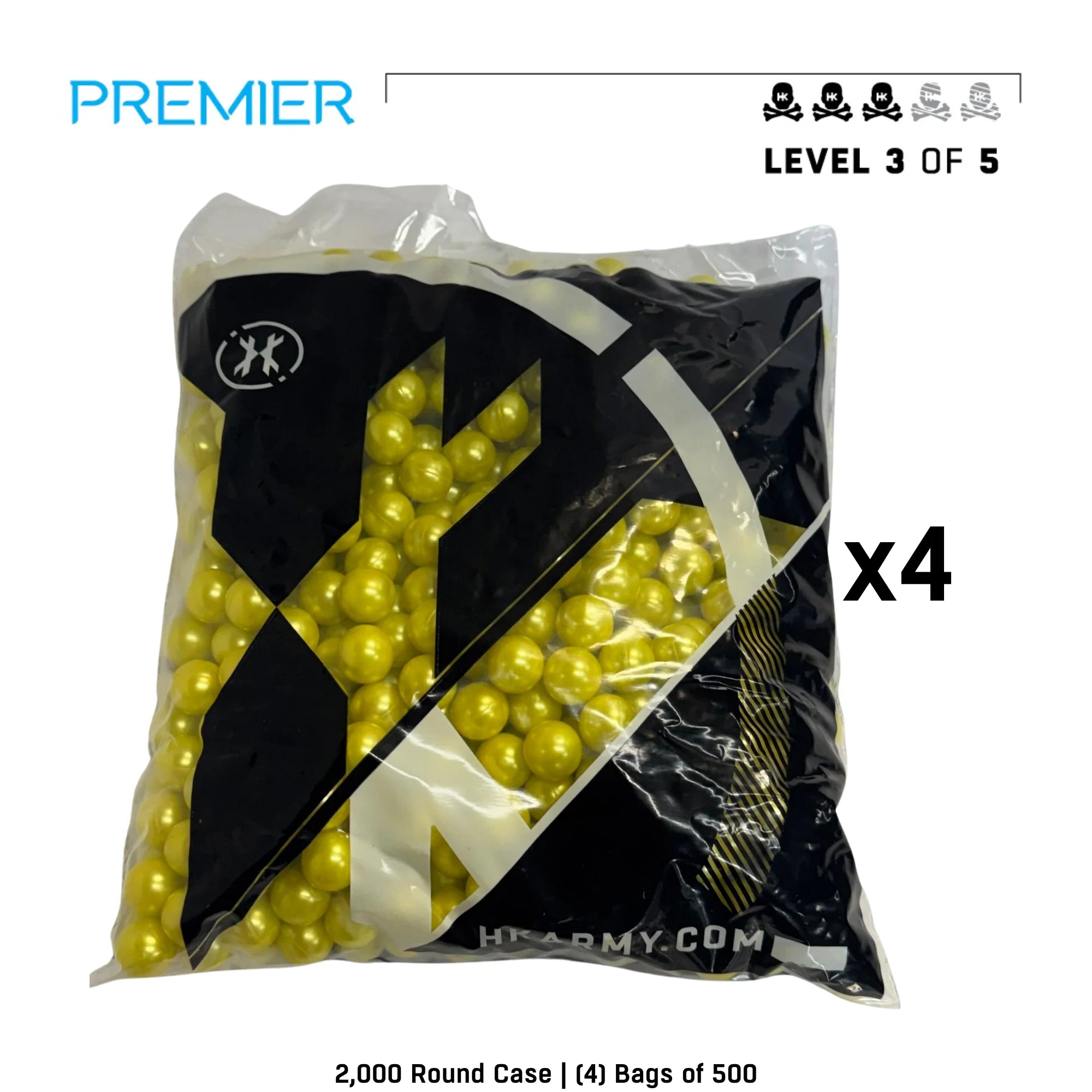 HK Army Premier Level 3.5 paintballs yellow shell 2000-round case angled view